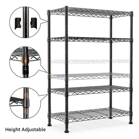 M MZG Height Adjustable Shelves,Heavy Duty Wire Pantry Shelving for Tool Sheds, Garage, and Storehouse,Metal,Black,4 tier 35 x 75 x 120.7 cm