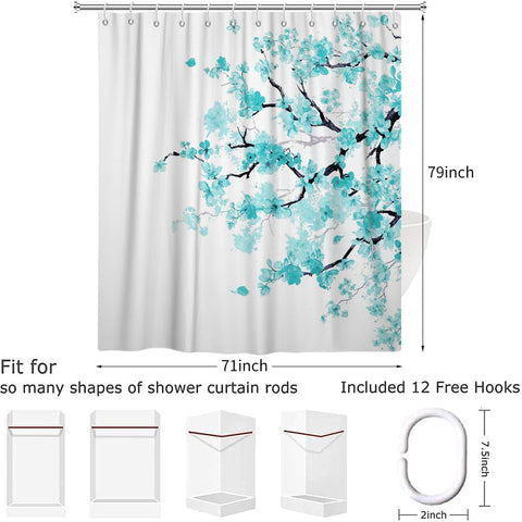 Hnmdmyi Cherry Blossom Shower Curtain 180x200, Turquoise Floral Sakura Blooming Plum Japanese Asian Anime Art Style Bathroom Curtains Waterproof