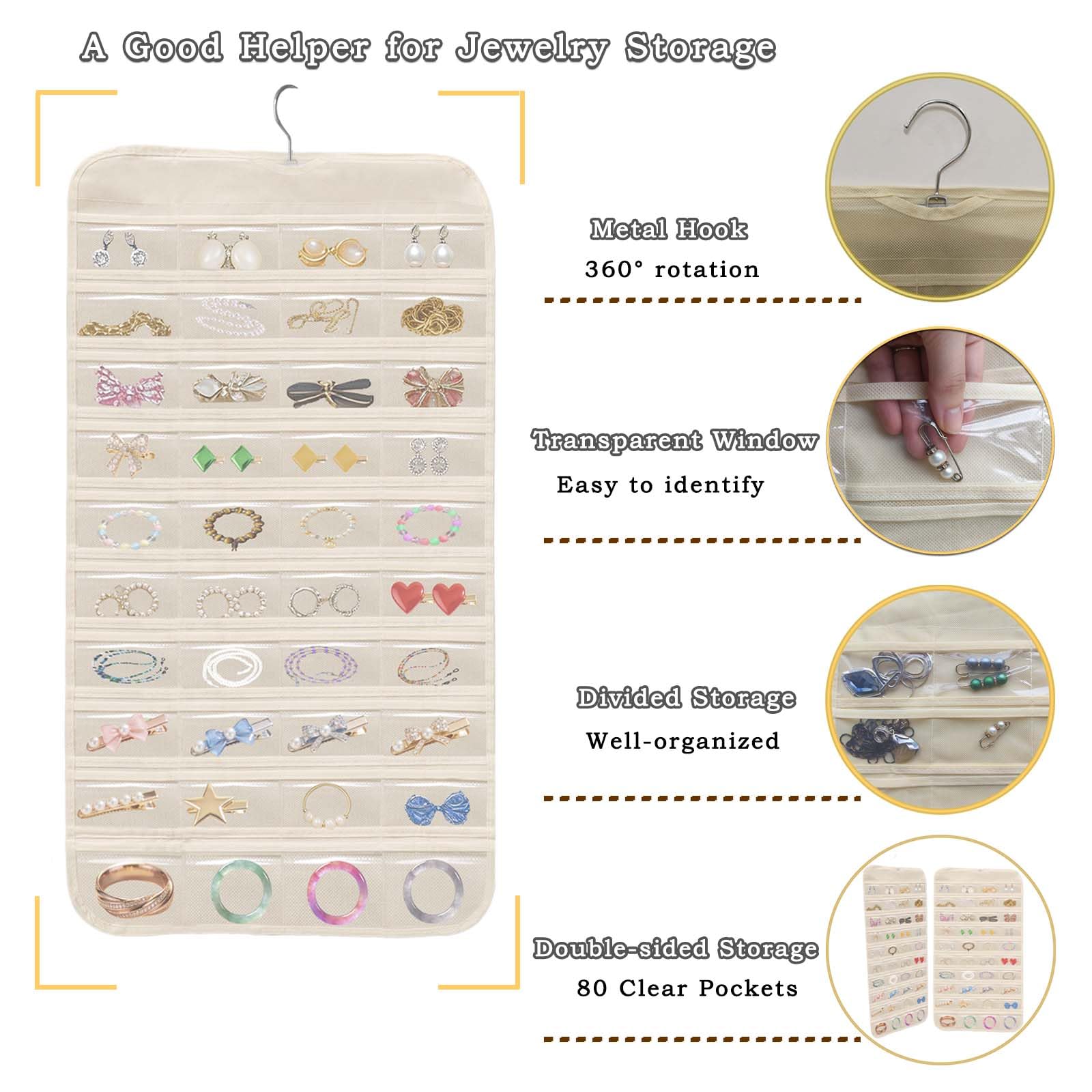 Ziyuhao Hanging Jewellery Organiser, Dual-Sided jewelry Storage Beige, 1Pcs