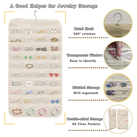 Ziyuhao Hanging Jewellery Organiser, Dual-Sided jewelry Storage Beige, 1Pcs