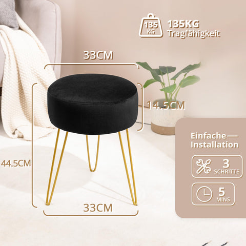 LUE BONA Velvet Round Stool Dressing Table Stool, Makeup Vanity Stool, Ottoman Padded Stool Metal Legs Support, Black