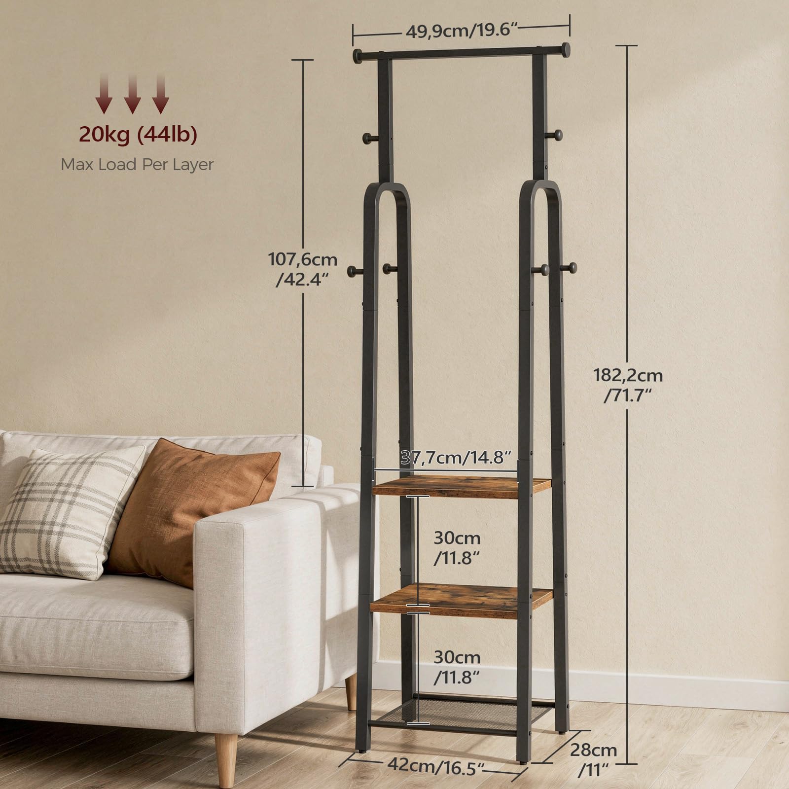MAHANCRIS Coat Rack, Freestanding Coat Stand with Hanging Rail, Industrial Clothes Rack with 3-Tier Shelf & 8 Hooks, for Hallway, Entryway, Bedroom