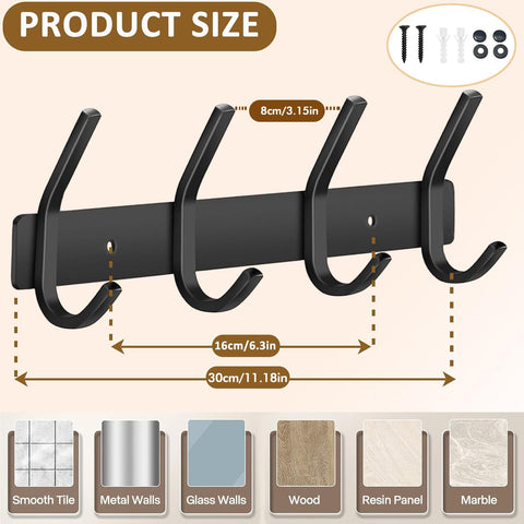 JOLY FANG Coat Hooks Wall Mounted - 2 Packs Wall Coat Rack Stainless Steel with 4 Hooks, Modern Wall Coat Hanger for Bedroom, Kitchen & Entryway