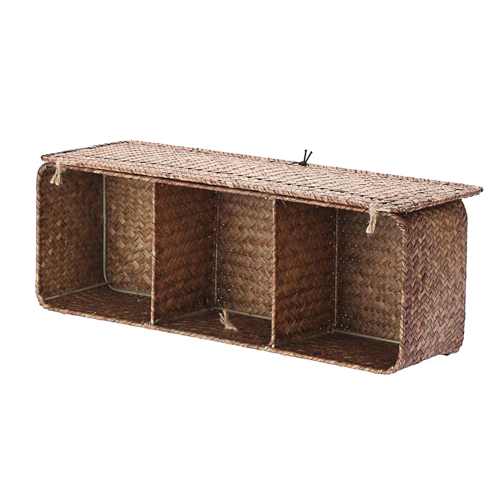 IGNPION 3-Compartment Seagrass Storage Baskets with Lid Woven Seagrass Desktop Basket Bathroom Storage Organiser Box
