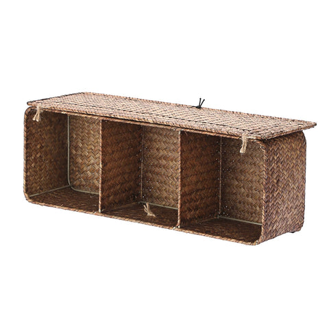 IGNPION 3-Compartment Seagrass Storage Baskets with Lid Woven Seagrass Desktop Basket Bathroom Storage Organiser Box
