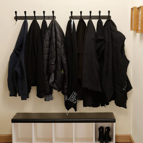 SKOLOO Modern Metal Coat Rack Wall Mount with 5 Hooks, Pack of 2, Sturdy Wall Coat Hooks for Hanging Coats, Jacket, Clothes, Hat, Matte Black