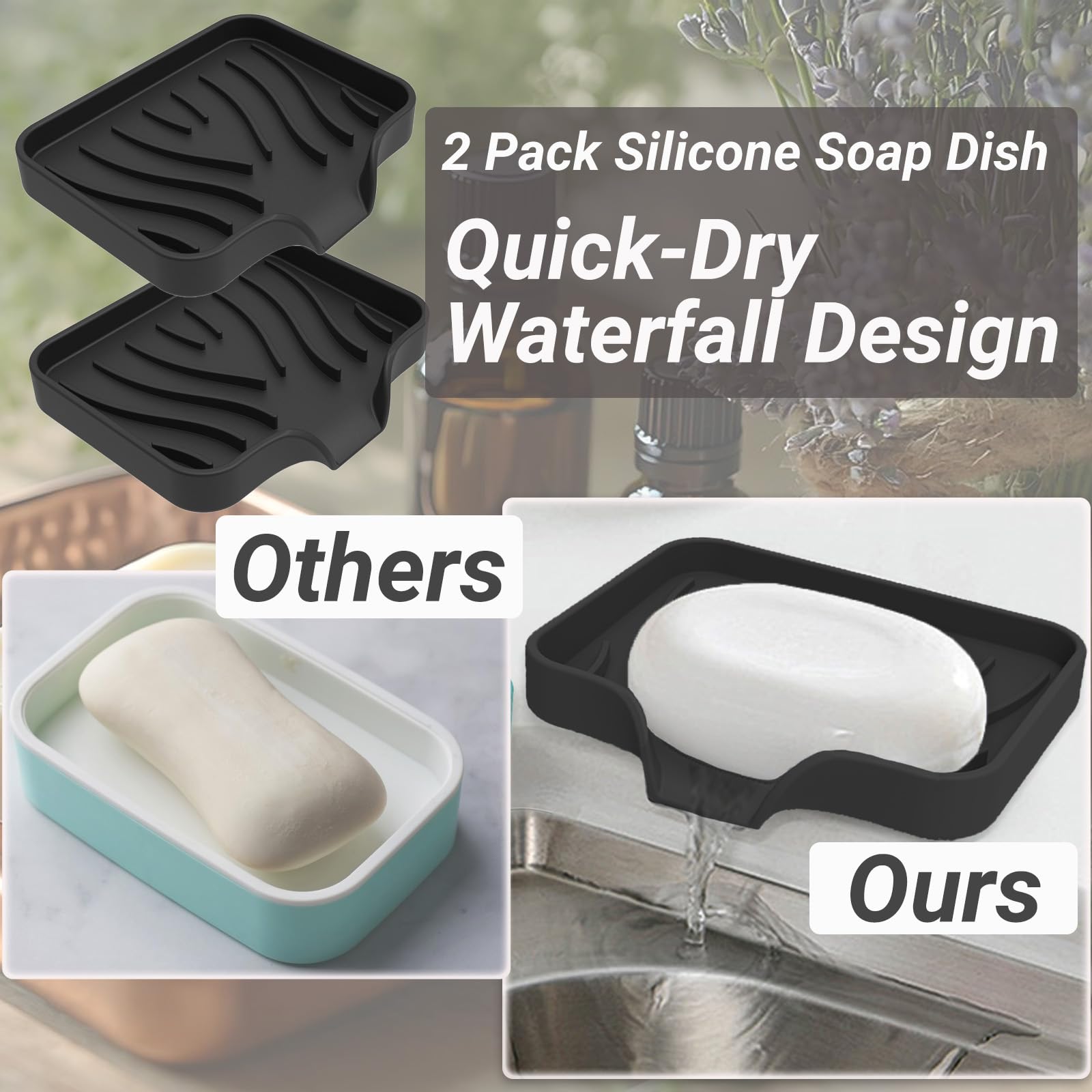 Penbin 2 Pack Silicone Soap Dish with Drain, Bar Soap Holder for Shower & Bathroom, Self Draining Waterfall Soap Tray for Kitchen Sink