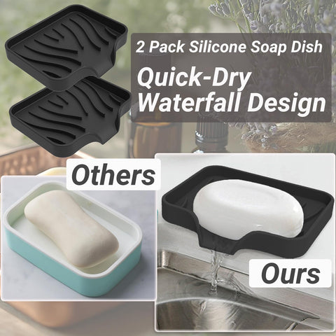 Penbin 2 Pack Silicone Soap Dish with Drain, Bar Soap Holder for Shower & Bathroom, Self Draining Waterfall Soap Tray for Kitchen Sink