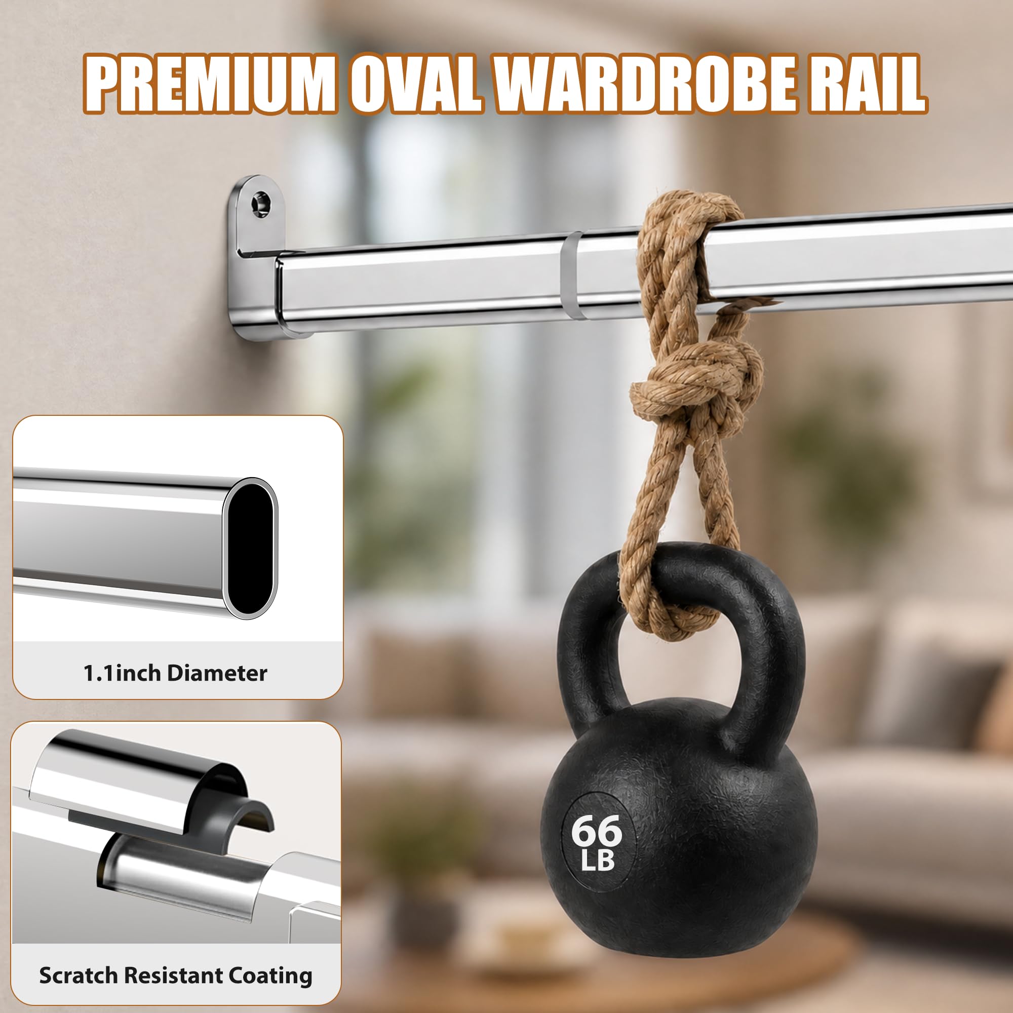 Poskena Silver Wardrobe Rail Heavy Duty,43-101cm Metal Clothes Rail