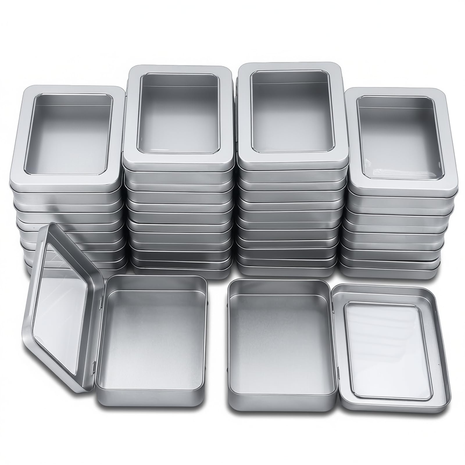 Goodma Rectangle Metal Tins with Hinged Window Lids, Silver, 24 Pieces