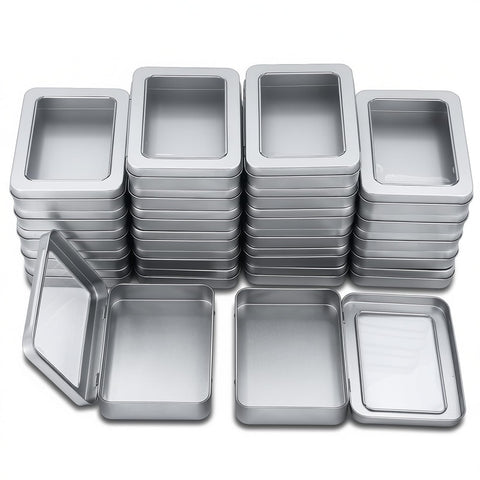 Goodma Rectangle Metal Tins with Hinged Window Lids, Silver, 24 Pieces