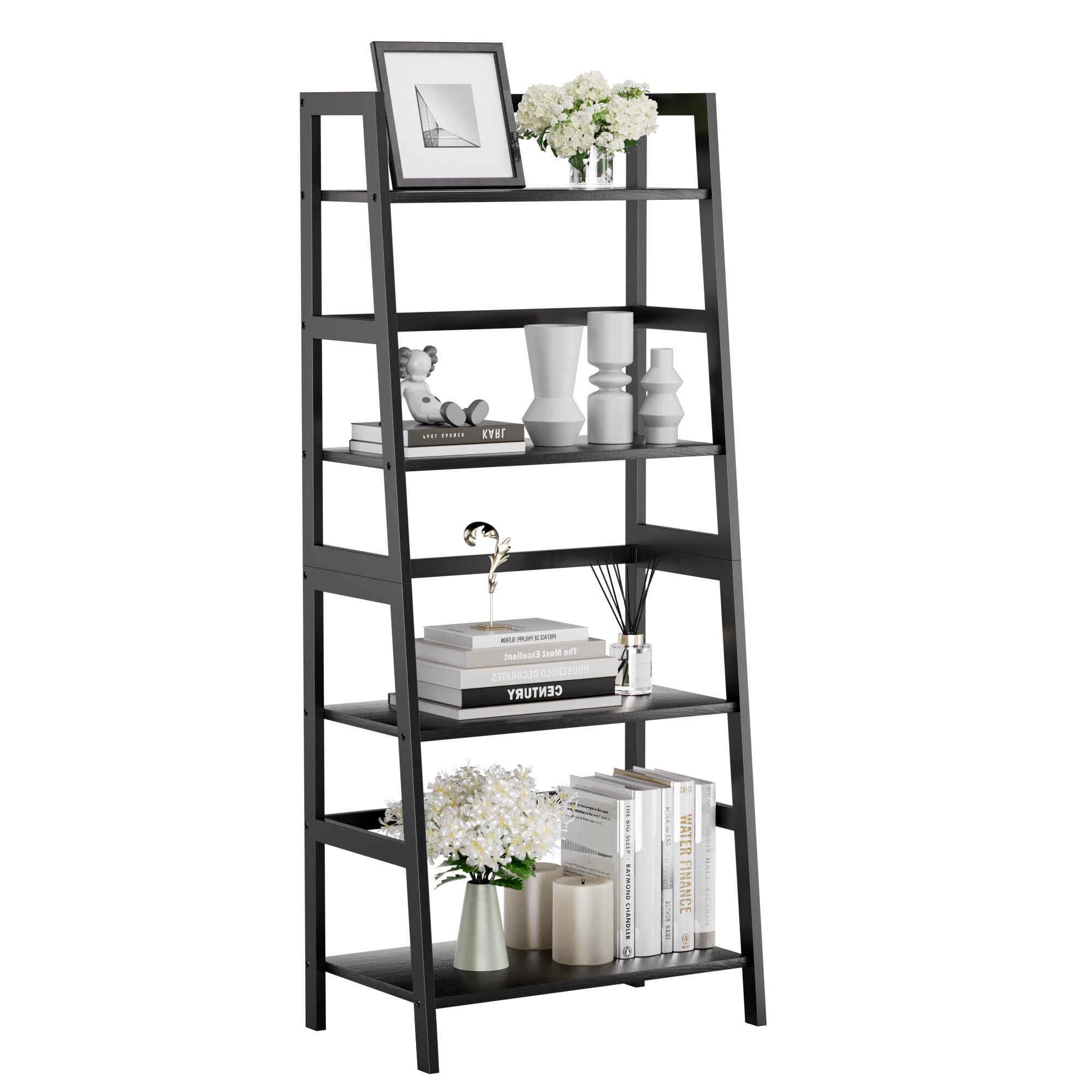 HITNET Ladder Shelf Black, 4-Tier Bookshelf, Freestanding Bathroom Storage Rack with Bamboo Frame, Plant Display Stand for Living Room, Kitchen