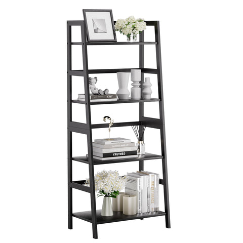 HITNET Ladder Shelf Black, 4-Tier Bookshelf, Freestanding Bathroom Storage Rack with Bamboo Frame, Plant Display Stand for Living Room, Kitchen