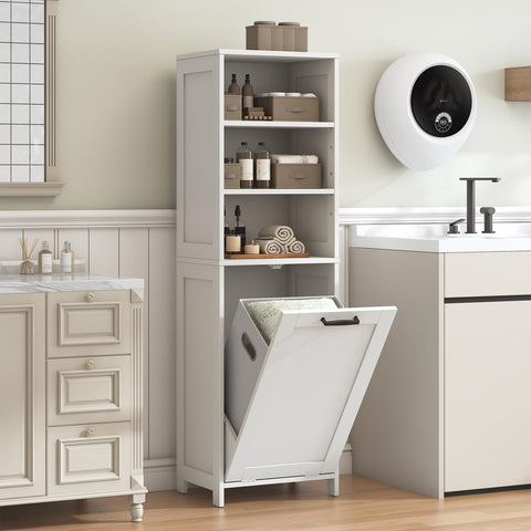 Feonase Compact Bathroom Cabinet with Detachable Laundry Hamper, Narrow Freestanding Storage Unit with 3 Open Shelves for Bathroom, Laundry Room