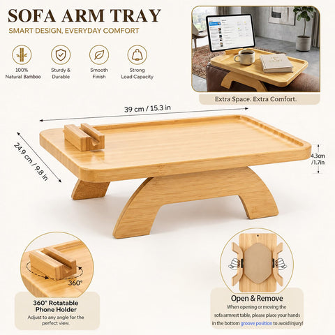 Sofa Arm Tray, Bamboo Couch Arm Tray Table with 360° Rotating Phone Holder, Clip on Sofa Armrest Tray Table, Foldable Sofa Side Table for Drinks
