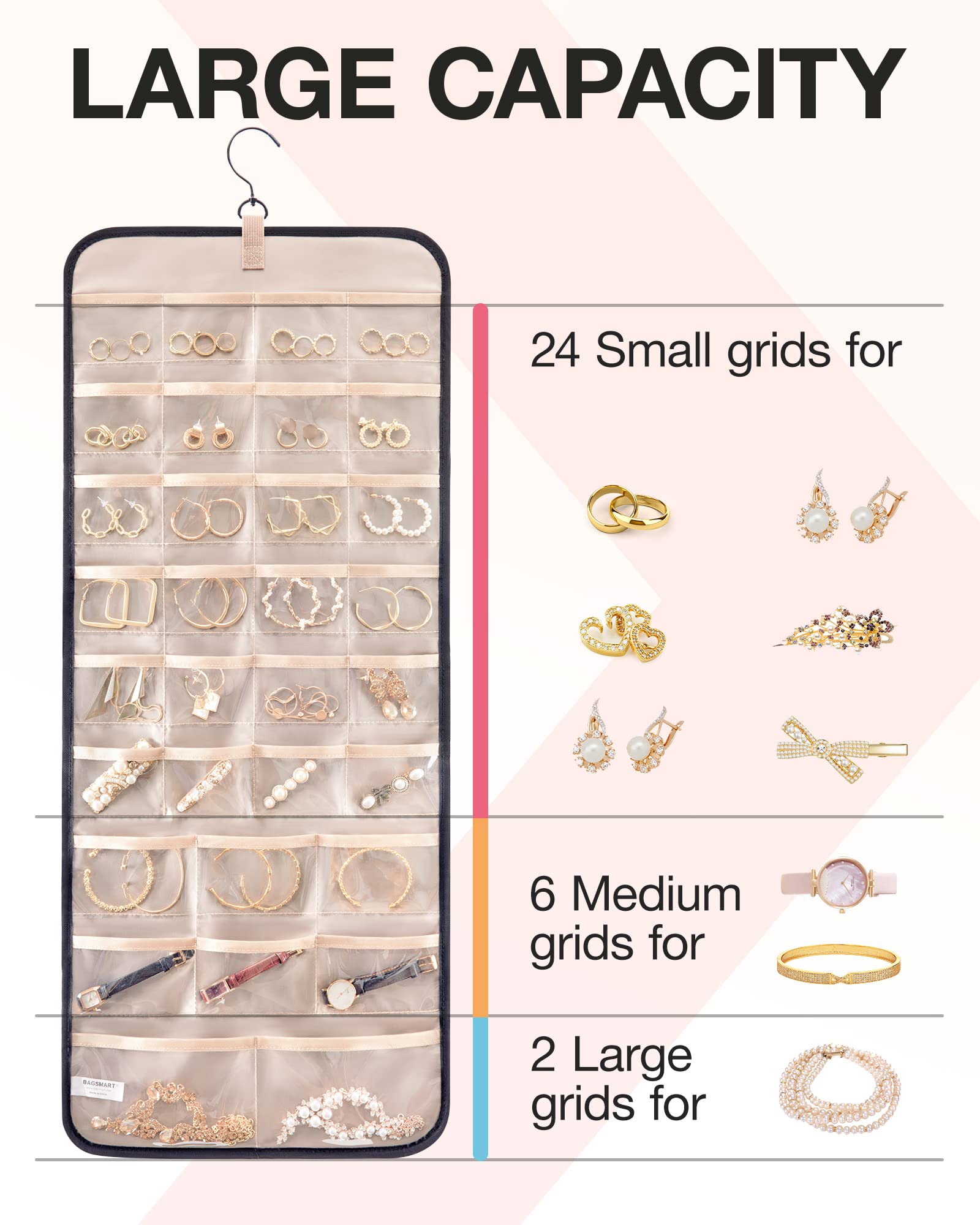 bagsmart Dual-sided Jewelry Organizer Hanging with Metal Hooks,32 Pockets and 3 Wave-Shaped Hooks,Jewelry Roll for Earrings,Necklaces,Rings on