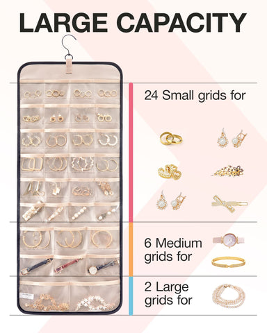 bagsmart Dual-sided Jewelry Organizer Hanging with Metal Hooks,32 Pockets and 3 Wave-Shaped Hooks,Jewelry Roll for Earrings,Necklaces,Rings on