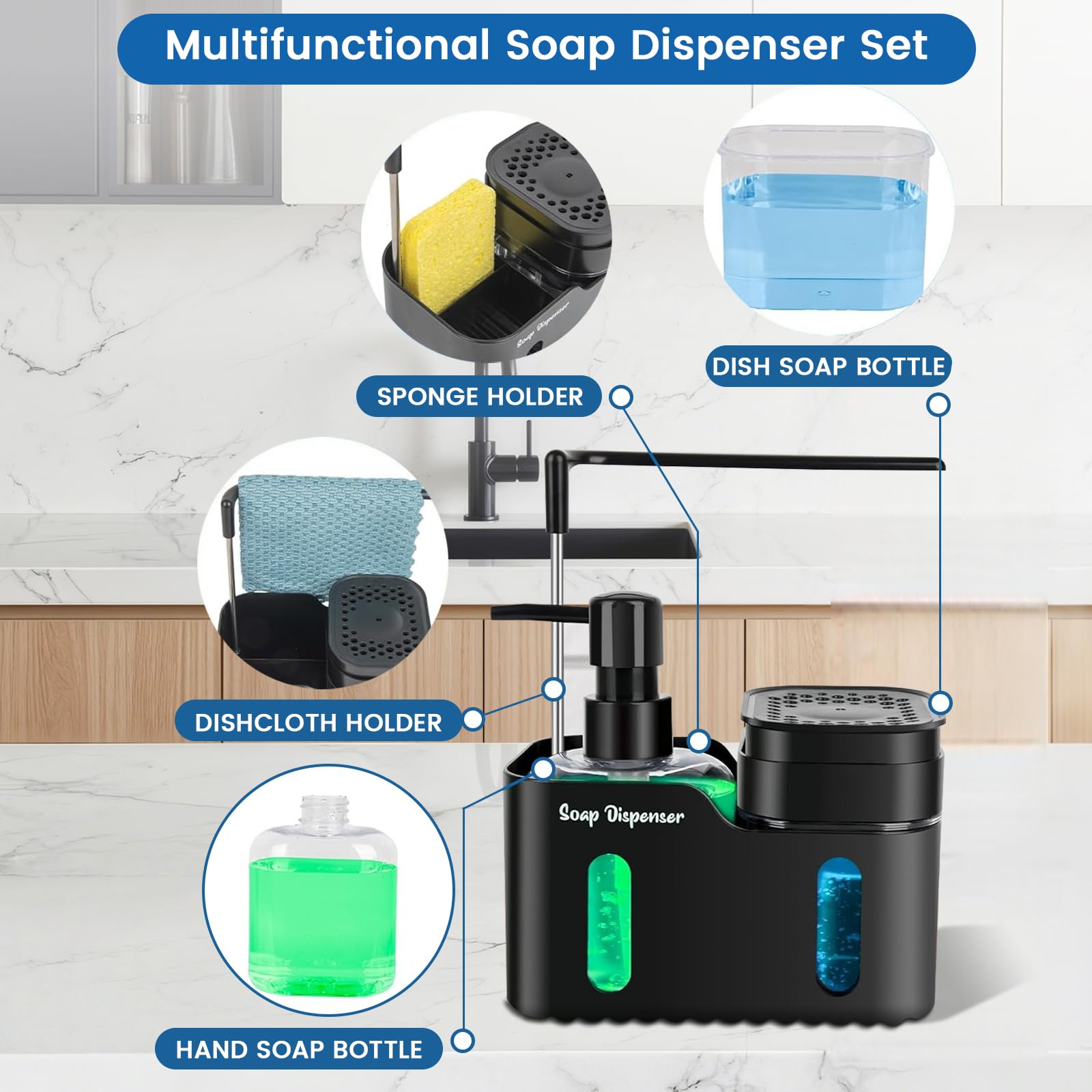 Hand Soap and Dish Soap Dispenser Set for Kitchen, Dual Soap Dispenser with Sponge Holderand Dishcloth Holder 4-in-1 Organizer for Kitchen Sink