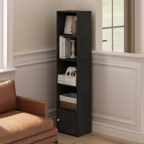 Furinno LUDER Book Shelf, 5-Tier Modern Bookshelf, Bookcase with 1 Door Storage Cabinet, 9.3 x 12 x 52, for Living Room, Bedroom, Home Office