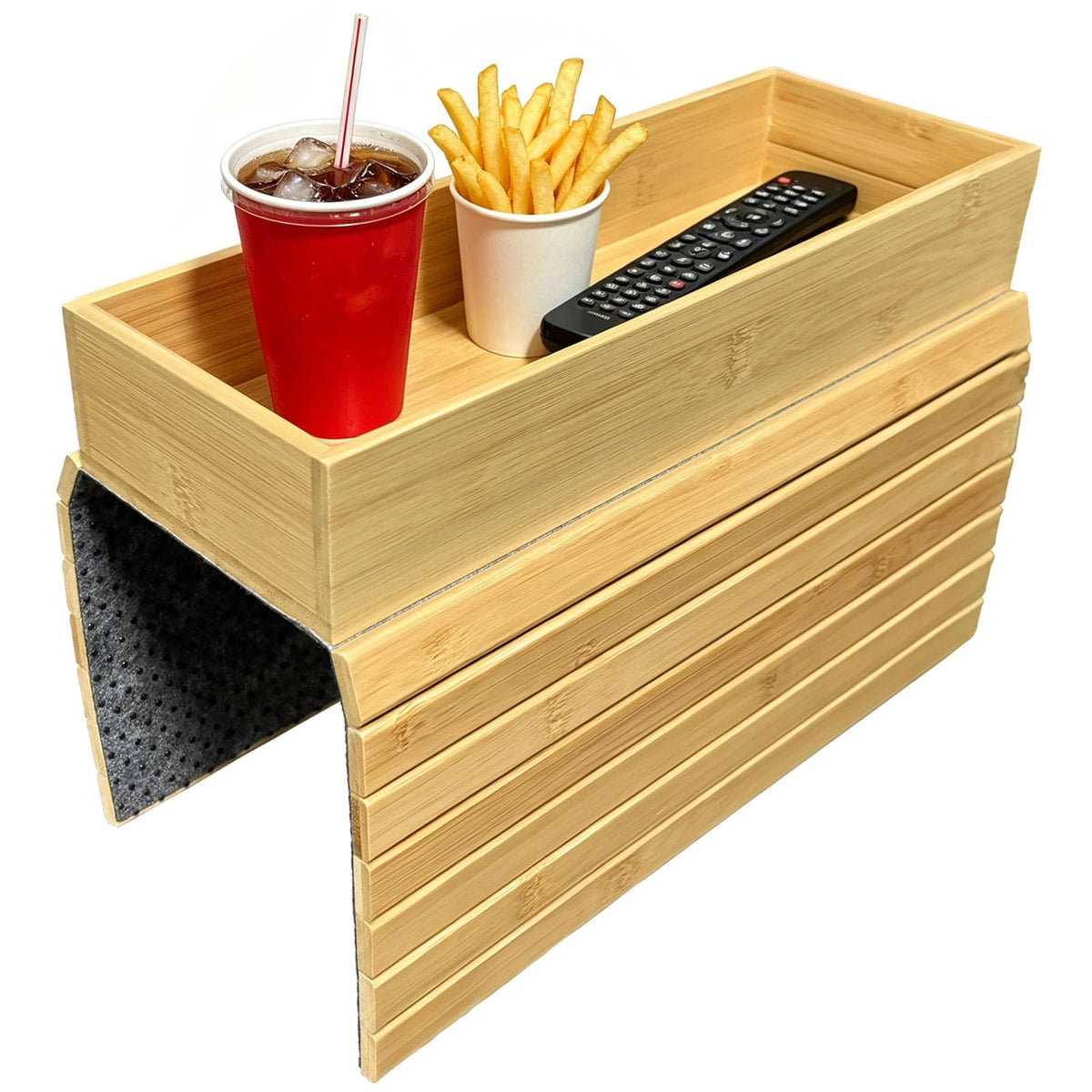 QQdou Bamboo Sofa Arm Tray — Foldable Couch Armrest Table with Cup Holder, Anti-Slip Wooden Arm Tray Organiser for Remote, Phone, Snacks & Drinks