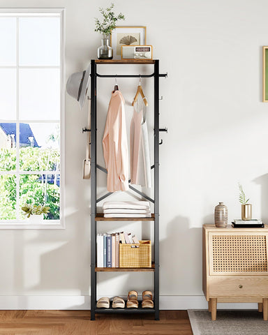 CHOEZON Coat Rack Freestanding, Hall Tree with 3 Storage Shelves, Coat Stand with 16 Hooks and Hanging Rail, Industrial Clothes Stand for Entryway