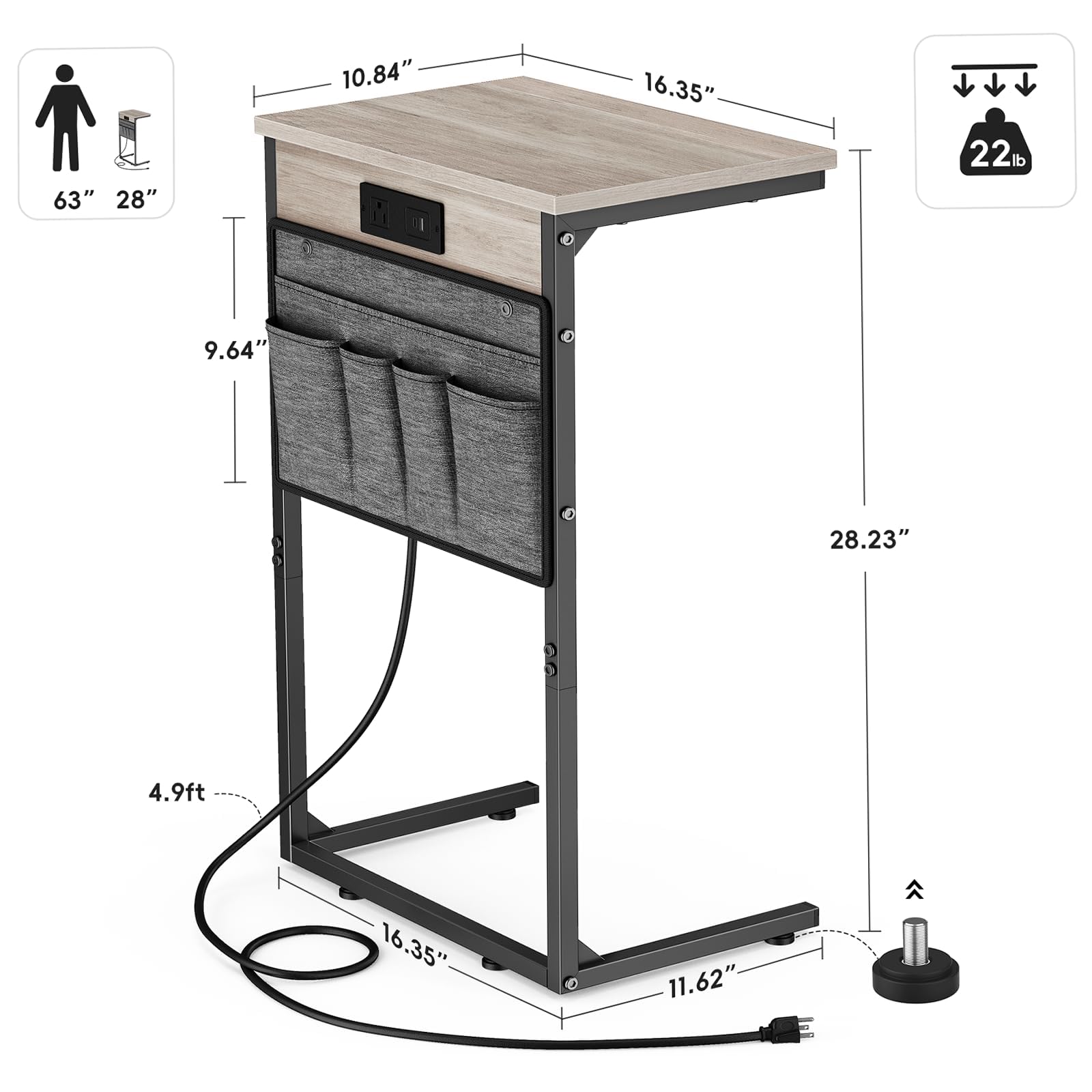 Vagusicc C Shaped End Table with Charging Station, 28" Tall Couch Side Table, Sofa Table Beside Table, Slide Under Sofa Arm C Table for Small Spaces