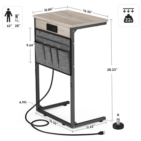 Vagusicc C Shaped End Table with Charging Station, 28" Tall Couch Side Table, Sofa Table Beside Table, Slide Under Sofa Arm C Table for Small Spaces
