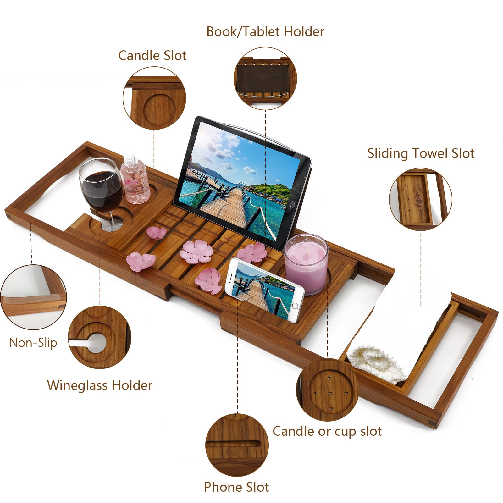 Utoplike Teak Wood Adjustable Bath Tray for Bathtub