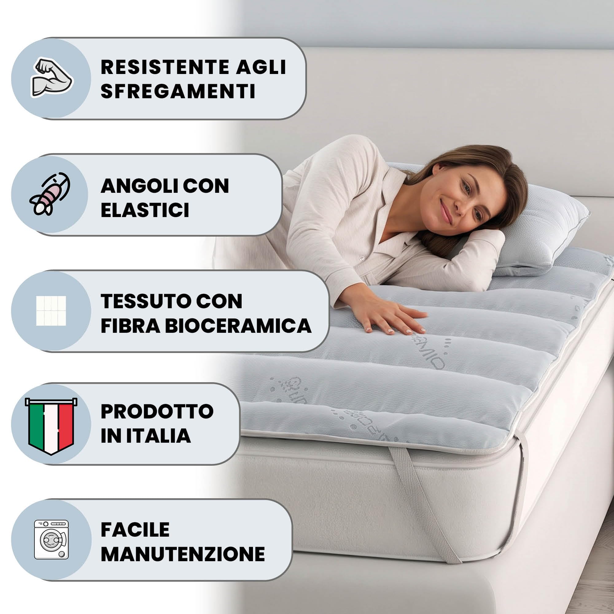 Italian Bed Linen MB HOME ITALY Quilted Topper, Bioceramic, Light Grey, Single 85x195 cm