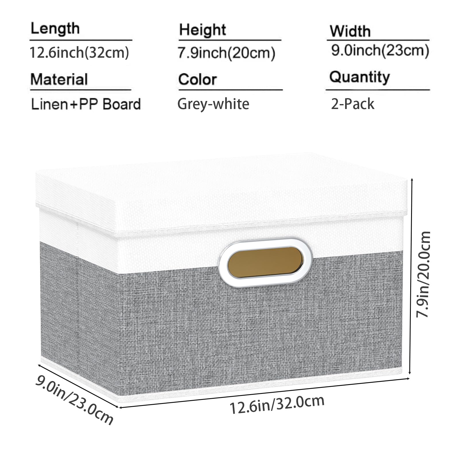 Yawinhe Storage Bins with Lids and Handles 3 Pack,32x23x20cm,White/Greyy