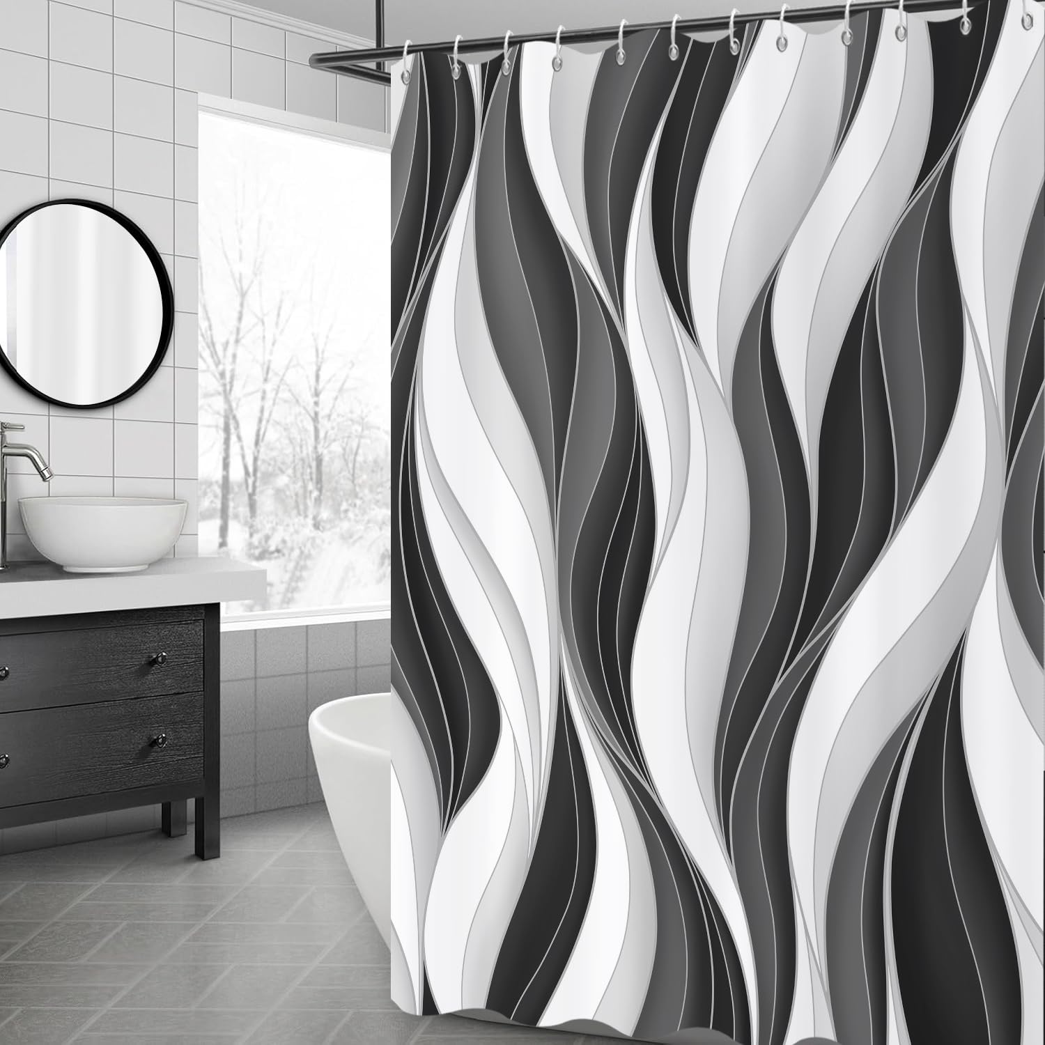 GCIREC Shower Curtain, 180x200cm, Modern Abstract White Black Grey Ombre Striped Minimalist Art Waterproof Fabric Machine Washable Bathroom Curtain