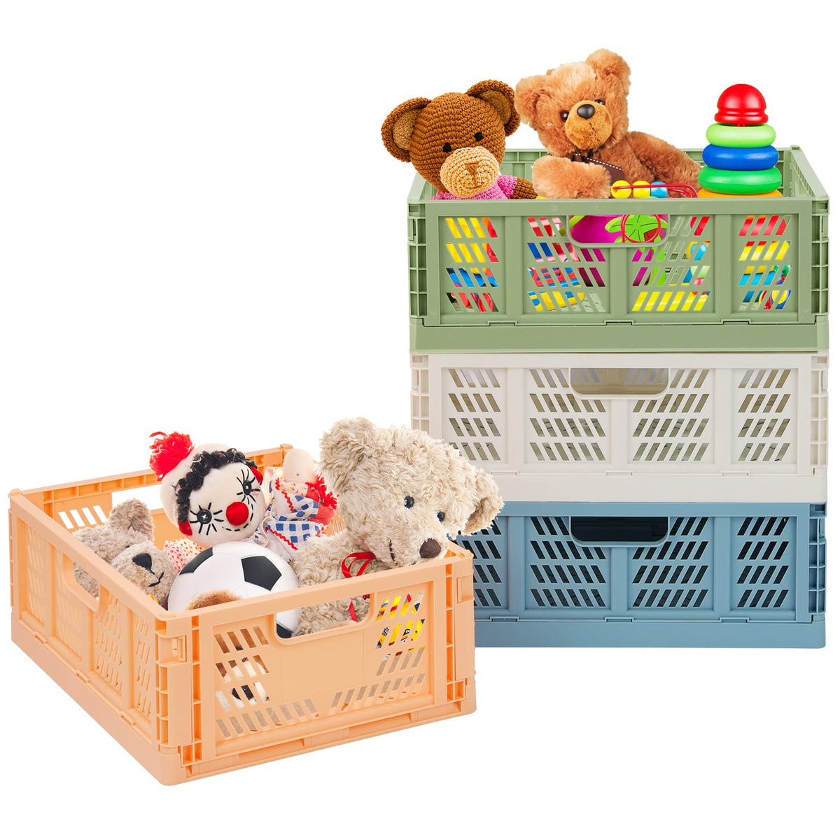 Bossjoy 4 Pack Plastic Storage Crates Foldable Shelf Storage Basket Bins for Food Fruit Vegetables Snacks Toys Toiletries