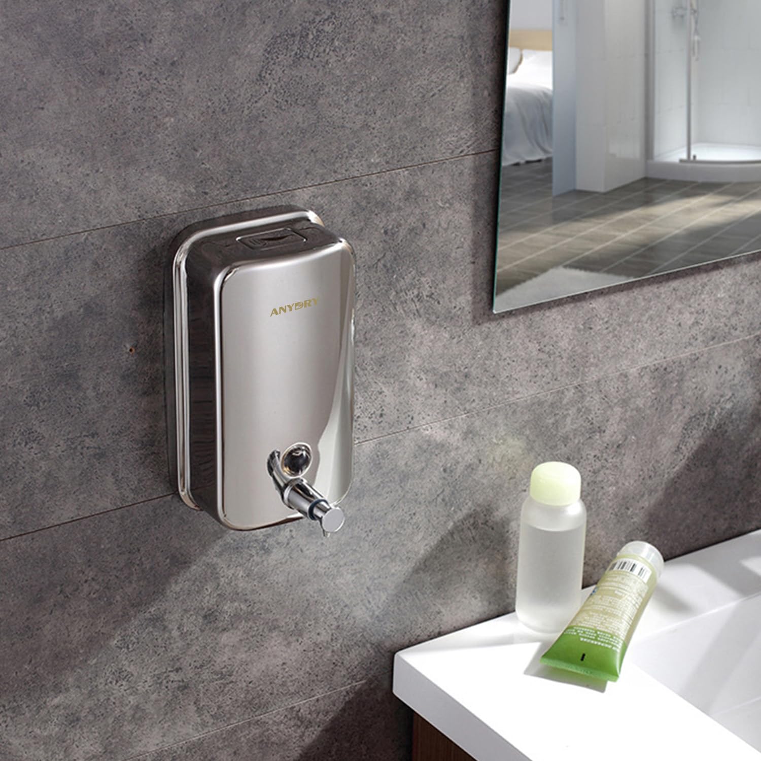 anydry Stainless Steel Wall-Mounted Manual Soap Dispenser, 500ml Capacity, Elegant Polished Design Dispenser
