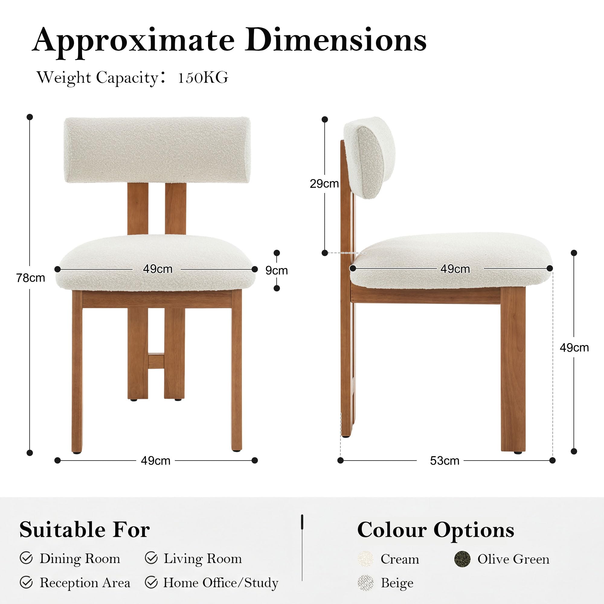 younturn Retro Mid Century Dining Chairs Set of 2, Boucle Upholstered Seats with Backrest and Solid Wooden Legs, Kitchen Chairs for Dining Room