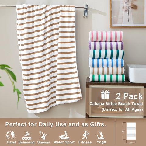 JML Microfiber Beach Towels, Quick Drying Towel (2 Pack, 30" x 60") Cabana Stripe Absorbent Bath Towel Set for Travel, Summer, Sport, Swimming, Pool