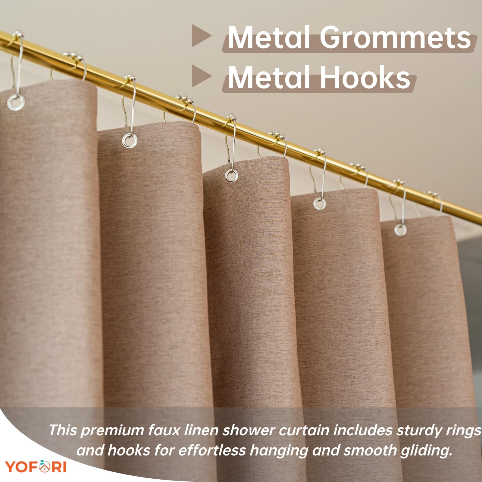 Yofori Khaki Shower Curtain for Bathroom, Fabric Shower Curtains Faux Linen Polyester Wet Room Shower Curtains Sets with Metal Hooks, 183x183cm