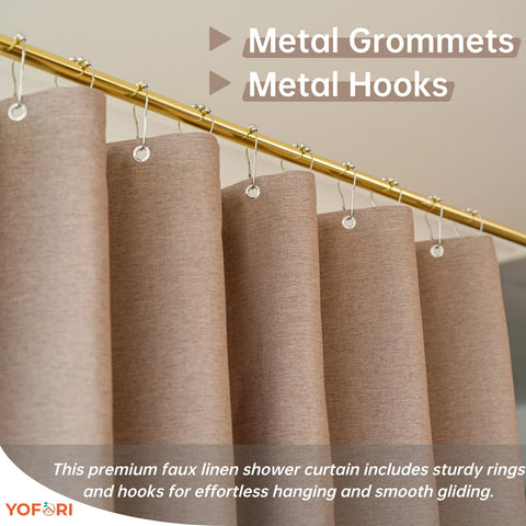 Yofori Khaki Shower Curtain for Bathroom, Fabric Shower Curtains Faux Linen Polyester Wet Room Shower Curtains Sets with Metal Hooks, 183x183cm