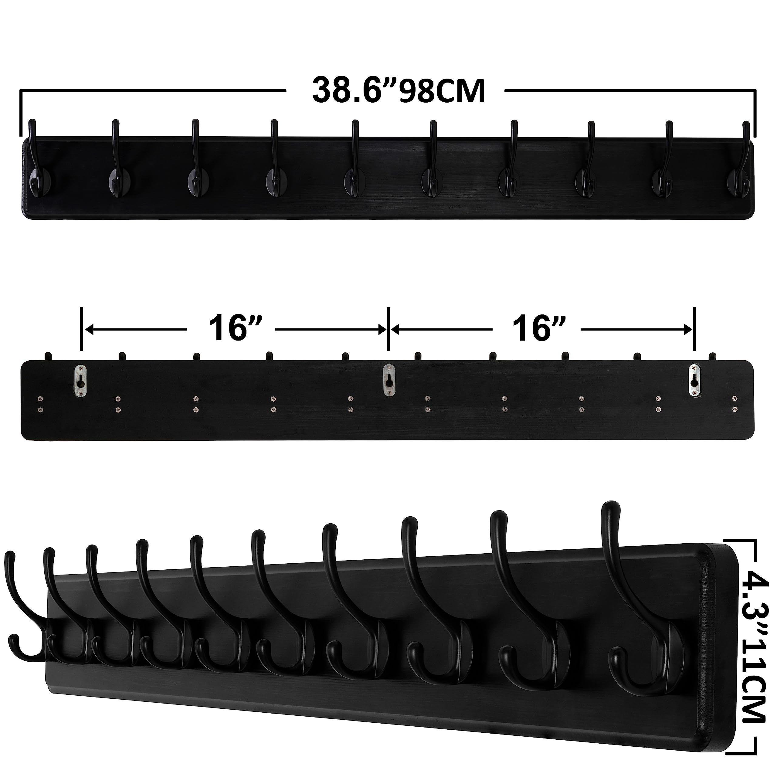 SKOLOO Farmhouse Style Wall Mounted Coat Rack, Pack of 2, Pine Solid Wood Coat Hook Hanger - 10 Hooks for Hanging Clothes Robes Towels Coats