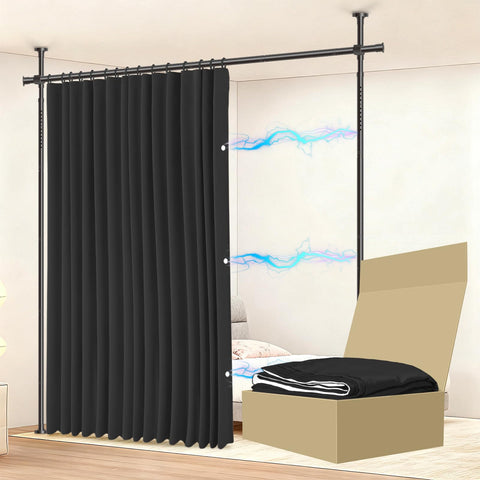 JILRON ROOM DIVIDER CURTAIN COMPLETE SET (1 BLACK CURTAIN: H 213cm x W 270cm POLE: H109-305cm x W89-254cm) Ideal for Rental Homes