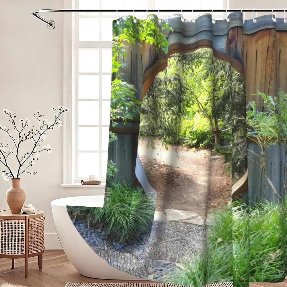Xiaoterna Japanese Garden Shower Curtain 3D Spring Forest Nature Scenery Bathroom Curtain Circle Rustic Wooden Doorway Gate Green Plant Sunshine