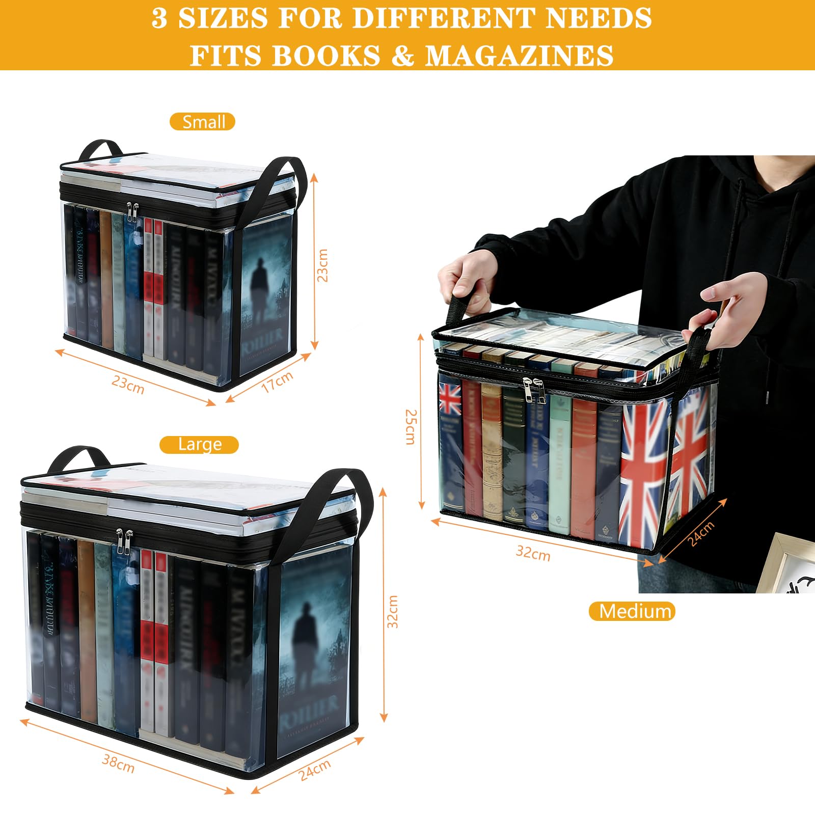 3 Pack Book Storage Box, Heavy Duty Storage Boxes with Lids for Books Transparent Book Storage Organizer Foldable Storage Boxes for Books Sturdy Book