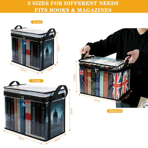 3 Pack Book Storage Box, Heavy Duty Storage Boxes with Lids for Books Transparent Book Storage Organizer Foldable Storage Boxes for Books Sturdy Book