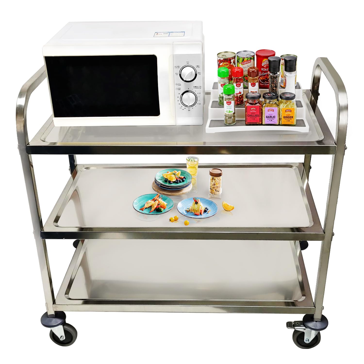 ALPIKA 3 Tier Stainless Steel Large Serving Catering Cart Utility Rolling Cart Kitchen Island Trolley Storage Cart with Locking Wheels
