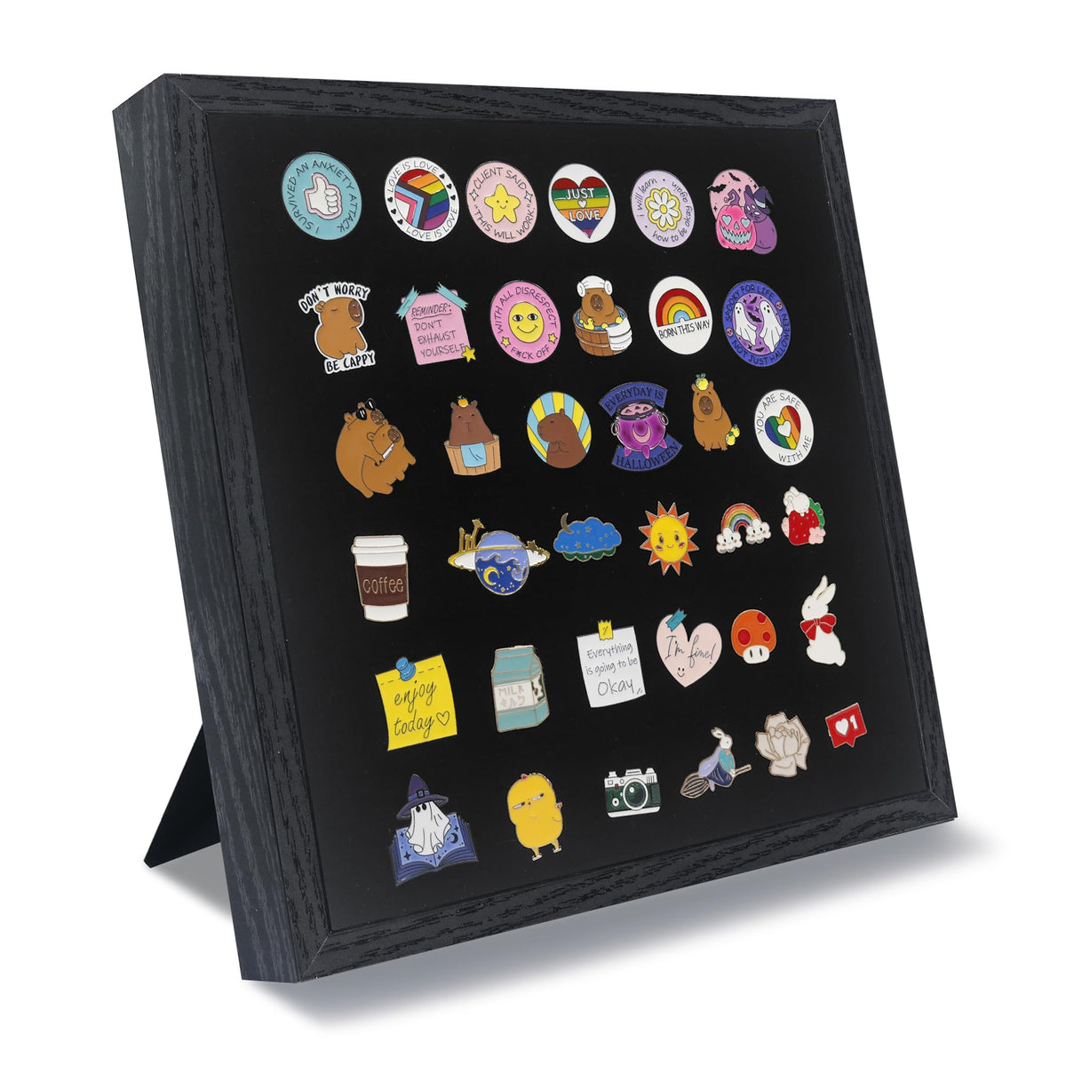 GMFrames 11x11 Enamel Pin Display Case, Pin Collection Display Frame with Real Glass, Shadow Box for Wall and Tabletop, Pin Holder Black