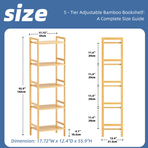 HITNET 5-Tier Bamboo Bookshelf, Tall Narrow Adjustable Bookcase, Freestanding Storage Shelf Unit for Living Room, Bathroom, Kitchen, Natural