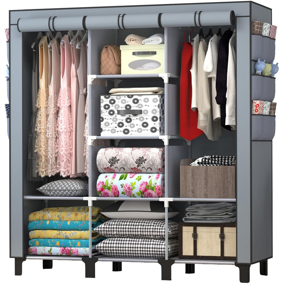 chunyangjingpin Portable Closet with 2 Hanging Rails & 8 Shelves, Bedroom Wardrobe with 18 Side Pockets, Foldable Garment Organiser (Grey)