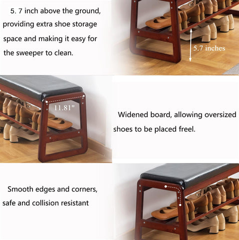 SOBIBO Solid Wood Shoe Bench, 2-Tier Wooden Storage Entryway Bench, Mid-Century Modern Shoe Bench Rack