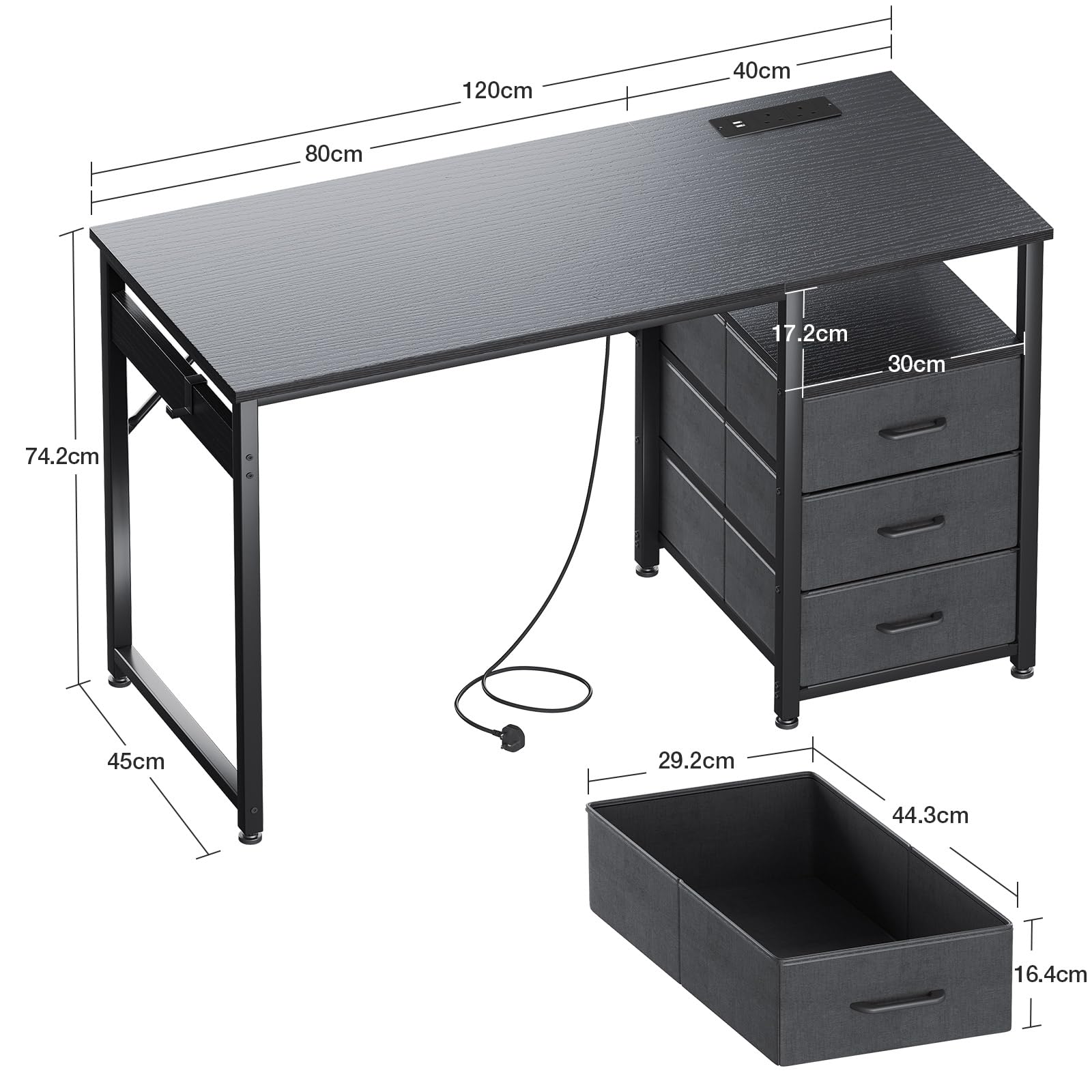 ODK Computer Desk with Drawers, 120cm Office Desk with Sockets, Black