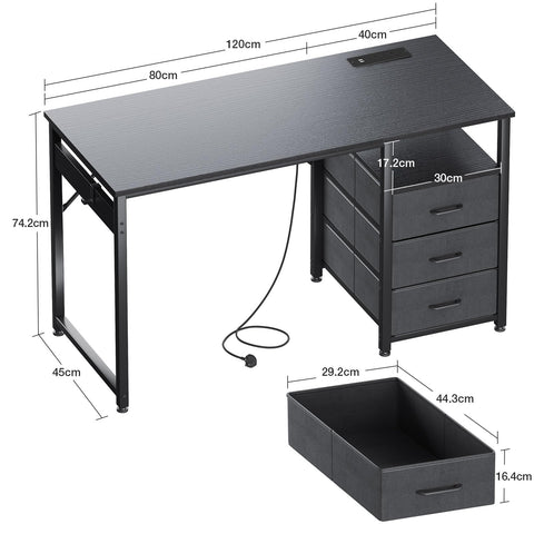 ODK Computer Desk with Drawers, 120cm Office Desk with Sockets, Black