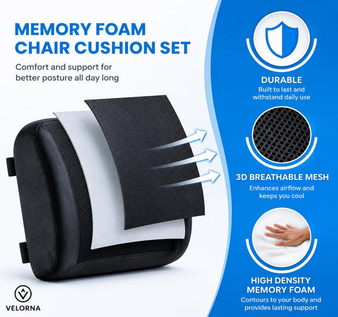 2-in-1 Memory Foam Seat Cushion & Lumbar Support Set | Office Chair Cushion for Back & Tailbone Relief